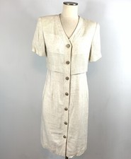 Vintage Peri Petites Dress 10 Rayon Flax Button Front Secretary Short Sleeves