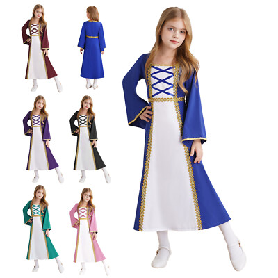 Kids Girls Dress Witch Medieval Vintage Renaissance Long Costume Trumpet  Sleeve | eBay