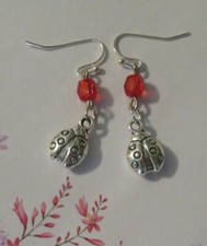 Tiny Silver Ladybug Earrings Dangle Handmade