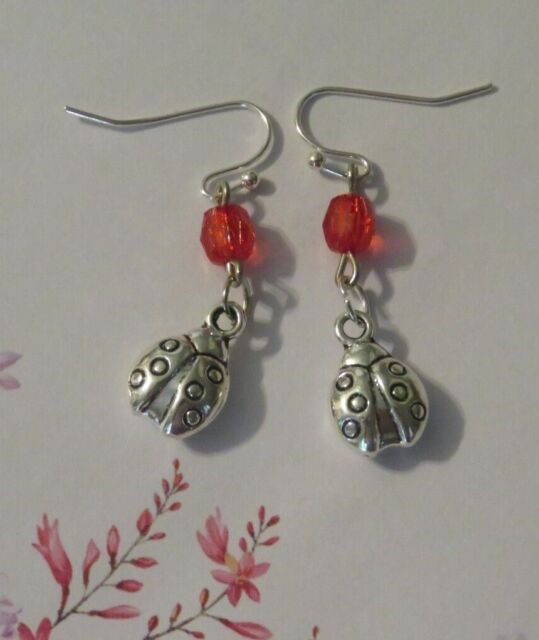 Tiny Silver Ladybug Earrings Dangle Handmade SY8233 Tiny Silver Ladybug Earrings Dangle Handmade SY8233
