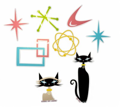 Retro Atomic Mid Century Symbol Vinyl Stickers - Starburst Atom Black Cat