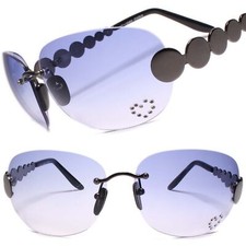 Classic Vintage Retro Style 80s Party Gunmetal  Blue Oval Rimless Sunglasses