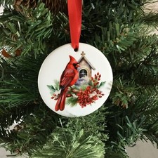 Red Male Cardinal Perched on Branch Ceramic Christmas Ornament 2.75 Inch