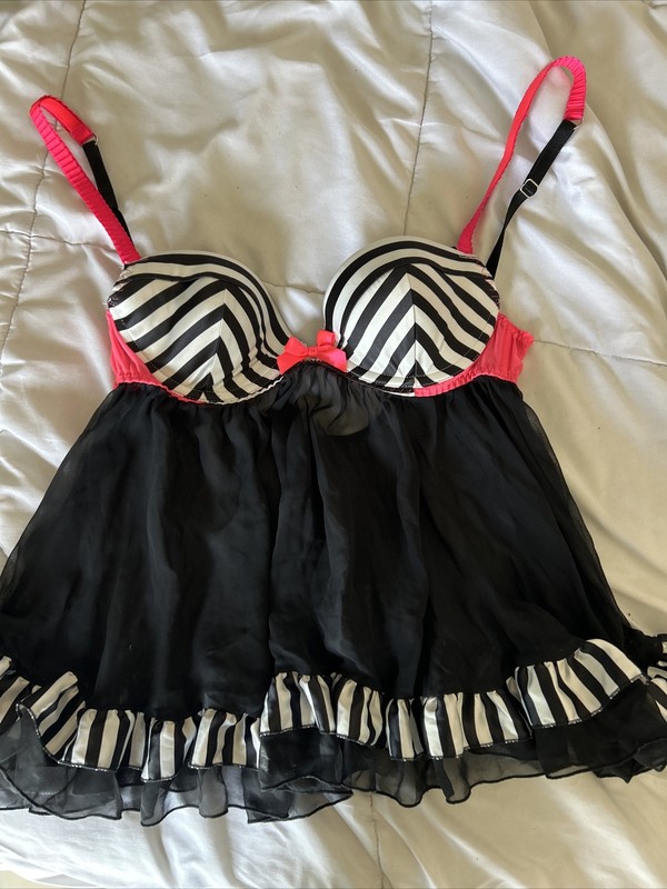 Victoria's Secret Tan & Black Lace Nightie Babydoll Lingerie  Size S 34 B