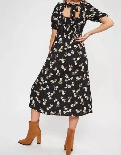 DOROTHY P3RKINS LADIES BLACK FLORAL TIE BACK SHIRRED WAIST MIDI
