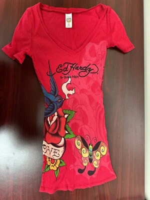 Ed Hardy Womans Junior Red V Neck T-Shirt X-Small Bird and Butterfly Vintage - Image 1 of 3