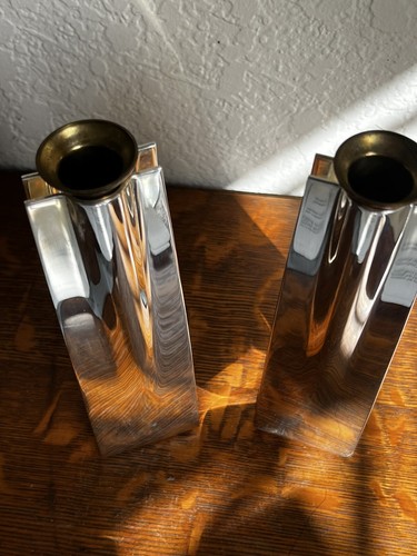 ORI RESHEF ISRAEL SILVER PLATE CANDLE HOLDERS PAIR - Picture 4 of 15