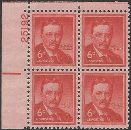 Plate Block of 4 stamps - Scott 1039 - 6 cent - Theodore Roosevelt - 1955 - MNH - Picture 1 of 1