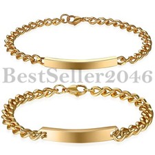 2pcs Polished Gold Tone Stainless Steel Cuban Curb Chain Couple Bracelet