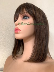 Golden Brown Human Hair Wig Ombre Mix Color 1 27 Bangs Full Fringe