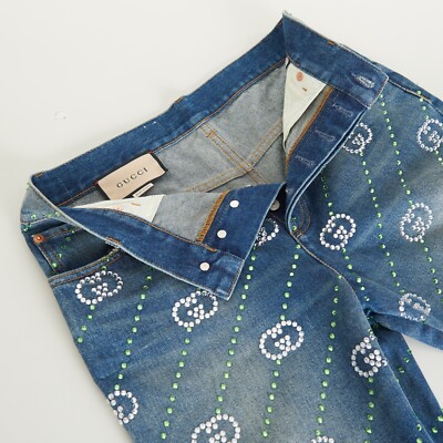【30】GUCCI Embroidery Tapered Denim イタリア製 Gucci Men's Black Denim Tapered Pants with Embroidered