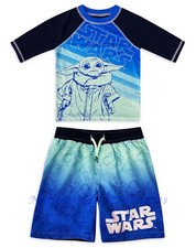 Star Wars Baby Yoda Boys Swimsuit Size 5 6 7 8 Trunks Rash Guard Shirt Swim Set