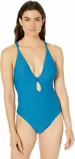Bar III Medium Marine Blue Plunge Ribbed Like it or Knot 1-Piece Swimsuit NWT M