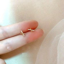 Tiny X-Shape Gold Cross Pave Cubic Zirconia Stud Earring