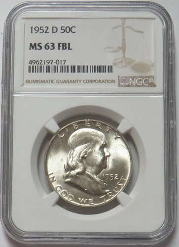 1952 D USA FRANKLIN HALF DOLLAR 50C COIN NGC MINT STATE 63 FBL