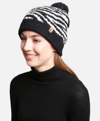 ComfyLuxe Zebra Pattern Pom-Pom Beanie w/ Sherpa Lining & Ribbed Cuff