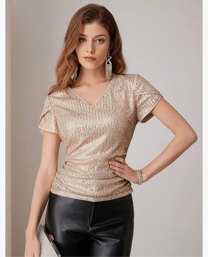 NEW Sparkly Sequin Top Glitter Tulip Sleeve V Neck Club Shirts L - Picture 6 of 7