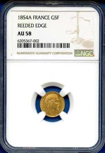 1854A France G5F NGC AU58 Gold 5 Francs Reeded Edge Napoleon III 1854-A AU-58