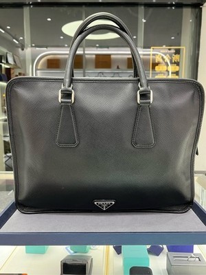 Prada Black Leather Classic Unisex Briefcase with Silver Hardware