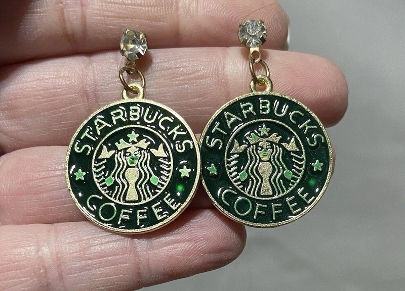 Starbucks Pierced Earrings, Dangle Gold Tone And Green. 1.5 Inches