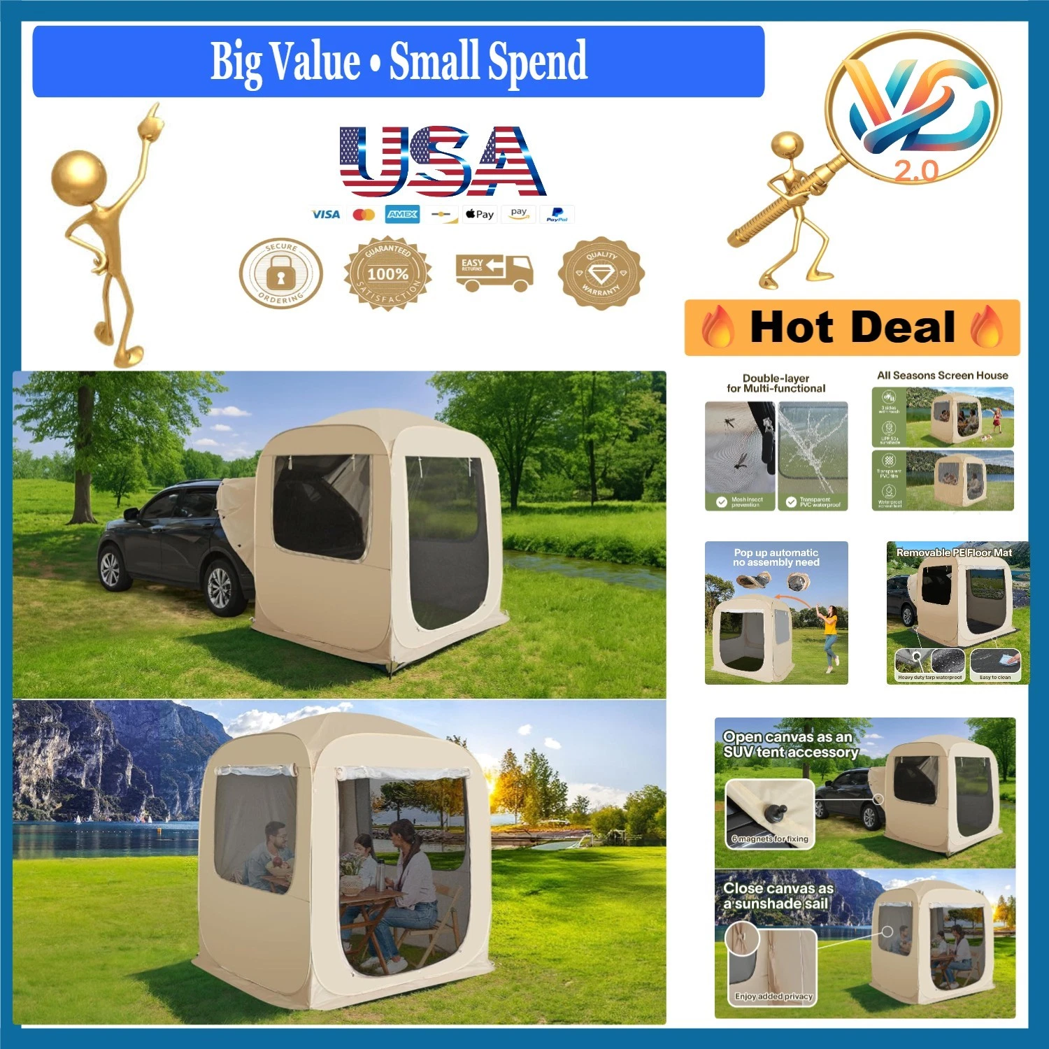 SUV Tailgate Tent 6x6 Pop Up Car Camping Shelter Waterproof UV Protection Beige