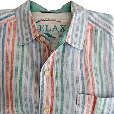Tommy Bahama Relax 100% Linen Blue Orange Striped L/S Button Down Shirt MEDIUM