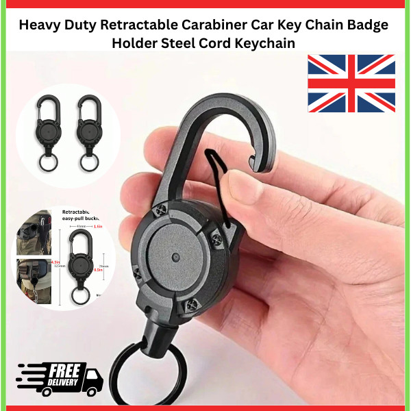 Heavy Duty Retractable Carabiner Car Key Chain Badge Holder Steel Cord Keychain