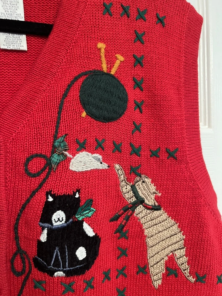 De Colección Navidad Feo Suéter Chaleco Gatos Bordado Algodón Mezcla Lana XL Grannycore Foto 4 de 4