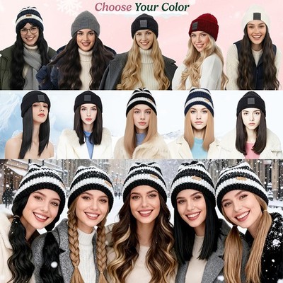 18'' Beanie Hat Wig with Hair Attached Wavy Multicolor Winter Knitted Hat Warm US