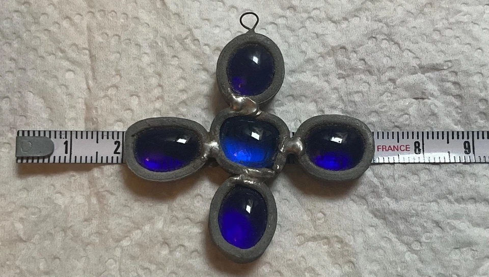Rare Pendentif Croix Ancienne en Pâte de Verre Bleu. - Photo 4/4