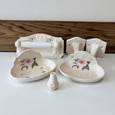 Vintage Pottery Porcelain Bathroom Accessories Cream Floral Bow 5 Piece Set