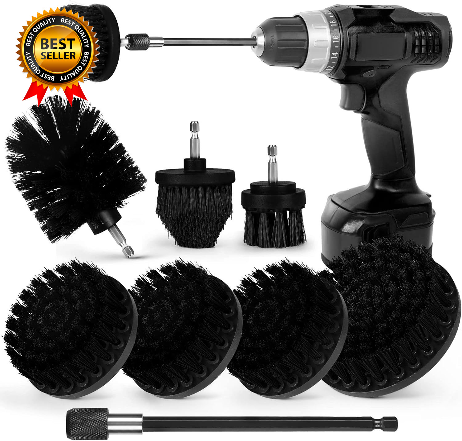Drill Brush Attachment Set 7 Pack 1/4In Power Scrubber Brush + Extend Long Rod