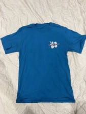 Trader Joe's Crew Short Sleeve T-Shirt, Blue, Floral Logo, Small
