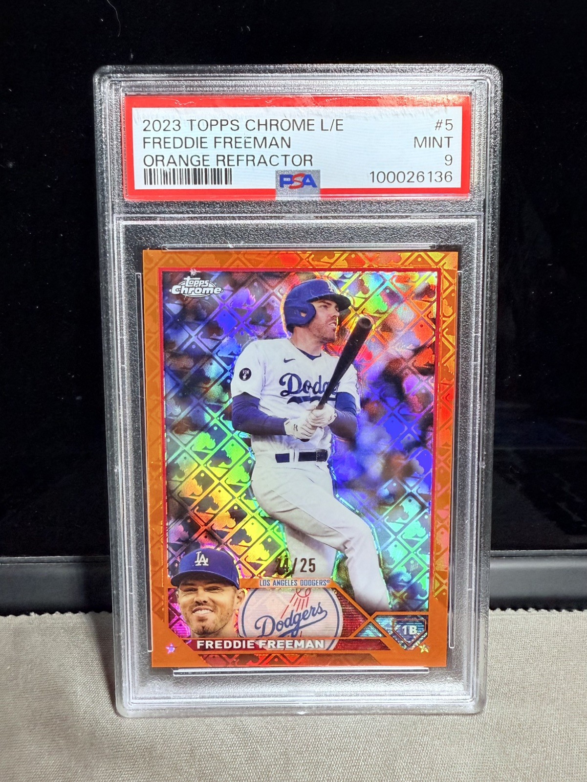 2023 Topps Chrome Logofractor Freddie Freeman Orange Refractor /25 PSA 9 Dodgers view 1