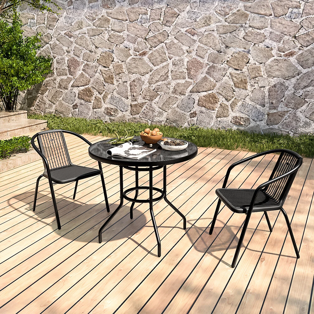 Bistro Set Wicker Chairs Round Top Glass Table Rattan Seat Outdoor