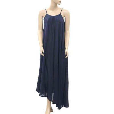 Malia Mills Seersucker Navy Slip Maxi Dress Resort Beach Asymmetrical S-1 NEW