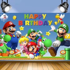 Super Mario Bros. Theme Party Decoration, 5x3.5ft Happy Birthday Backdrop