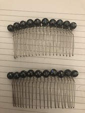  2 Vintage Art Deco Black Hematite Stone Bead Silver Metal Hair Comb Combs