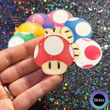Super Mario Sticker Power-Up Mushrooms, Holographic Mario Kart Sticker