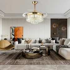 42" Invisible Crystal Ceiling Fan Light 3 Colors Hanging Fan Lamp Pendant Lamp