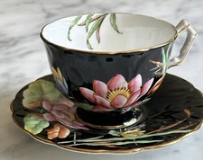 Rare Aynsley Black Bone China Cup & Saucer Lotus Water Lily 1930s