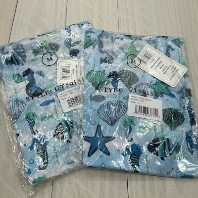 (2) Green Town Ocean Women's 3-Pocket STRETCH V-Neck Print Scrub Top Size M