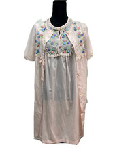 Vtg Gilead Peignoir Set Floral Embroidered Pompom Pink Cottagecore Medium Cotton