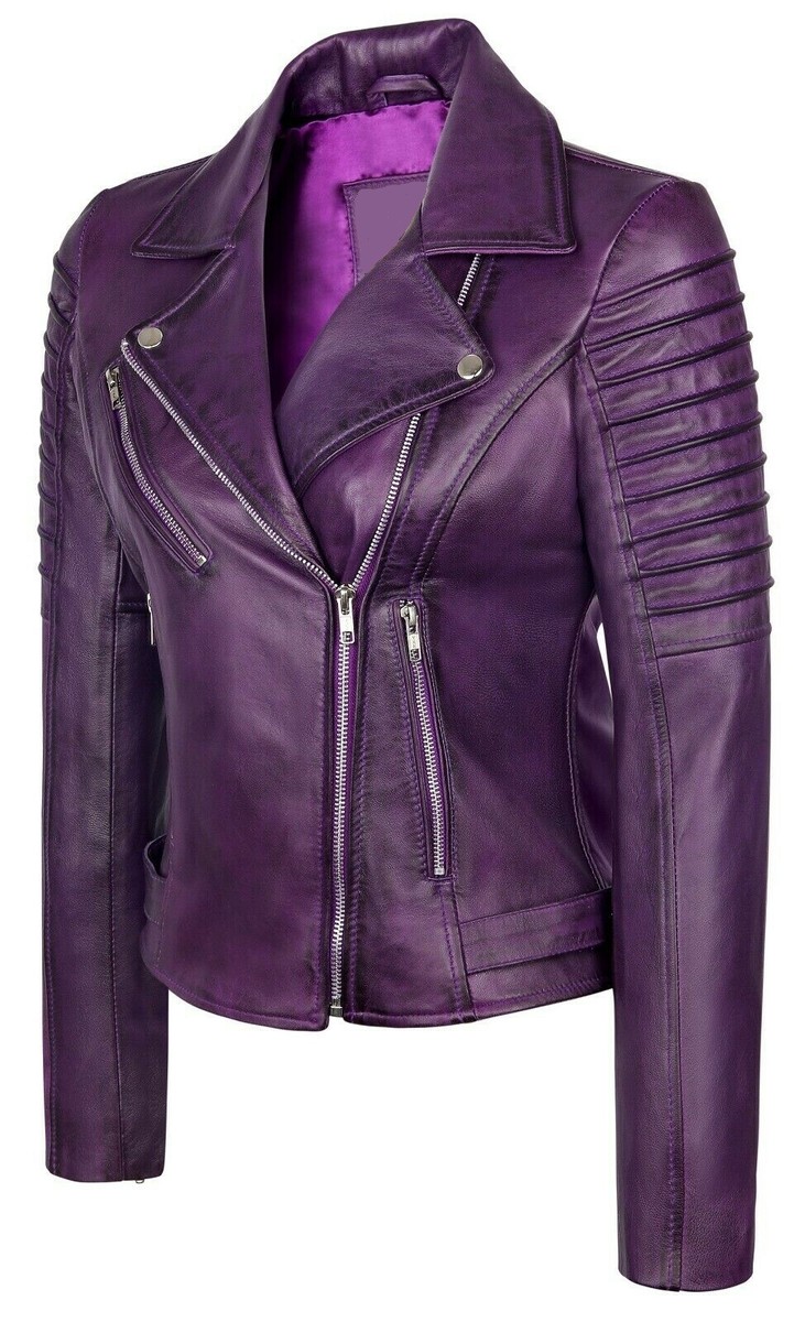 Proper Gang パープル ライダースジャケット Made in USA Women's Motorcycle Biker 100% Real Leather Jacket Lambskin Leather