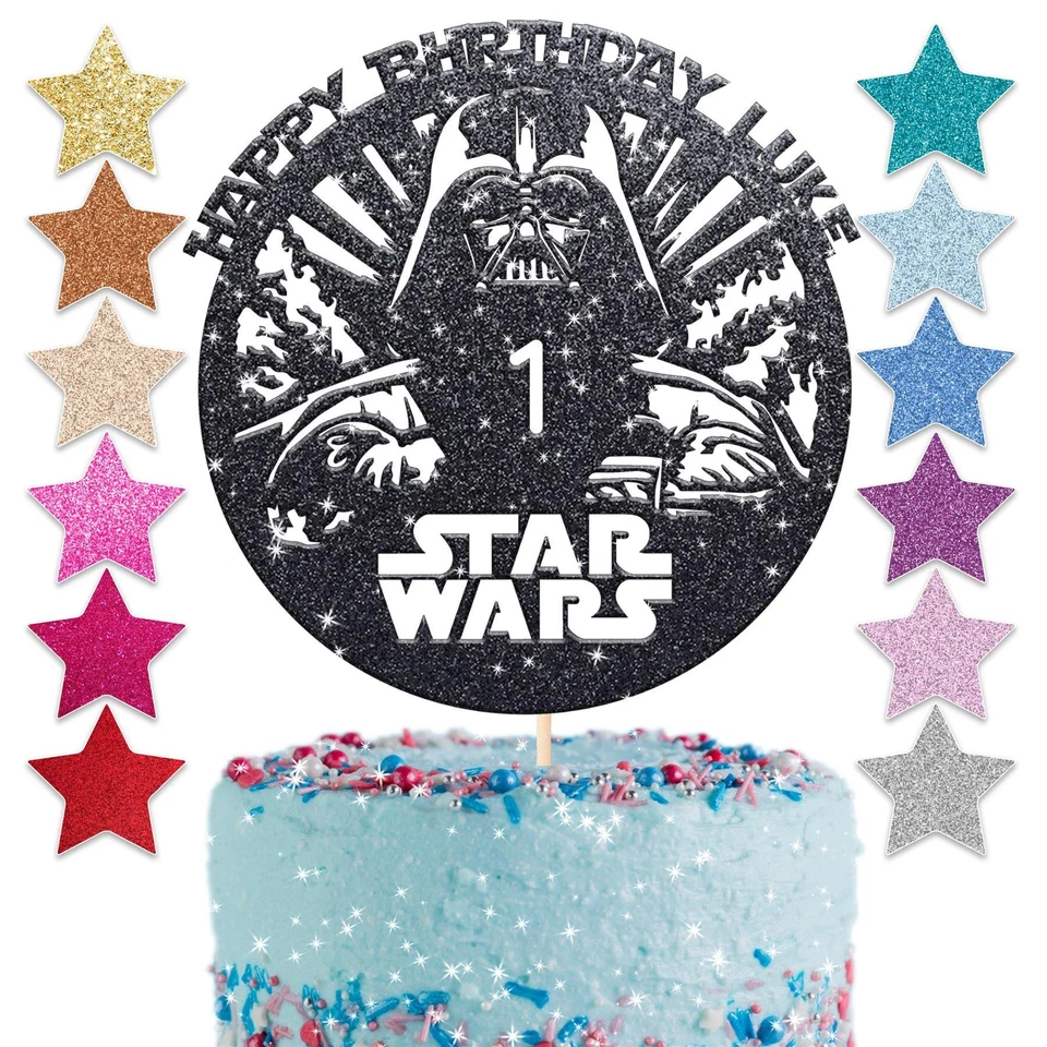 YOUNIQUE GIFTS Happy Birthday Starwars Inspired Glitter Cake Topper Party Personalised 1st 21st
