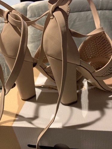 Call It Spring Womens Shoe Rounkles Peep Toe Tie Up Block Heel Sandals Bone 7 - Picture 9 of 9