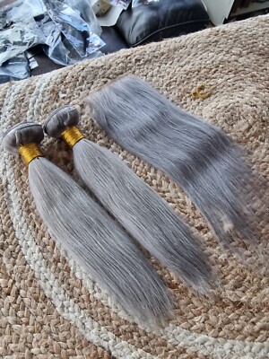 12A PERUANISCHES MENSCHLICHES HAAR 12+12&12 ZOLL 4x4 VERSCHLUSS REINES SILBERGRAU GERADE 250g