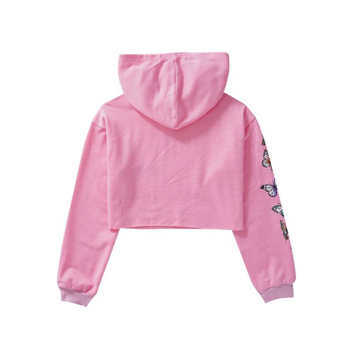 Girls Long Sleeve Pullover Hooded Sweatshirts Butterfly Crop Tops Hip Hop Hoodie - Picture 6 of 33
