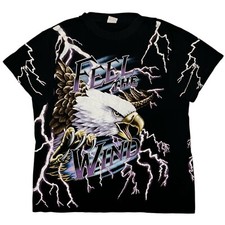 Vtg 90s American Thunder Feel the Wind Eagle Lightning AOP T Shirt Large