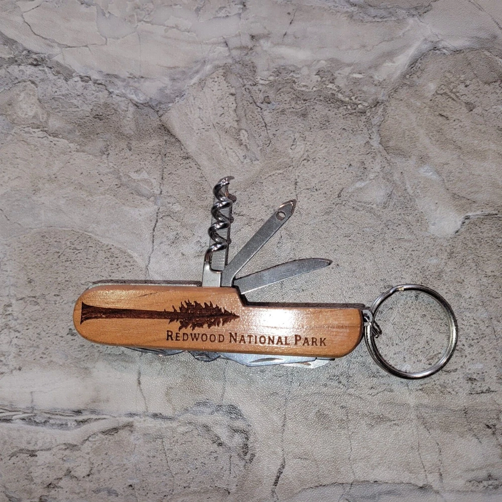 Multi Tool 3 1/2" Pocket Knife Engraved Redwood National Park Wood Handle